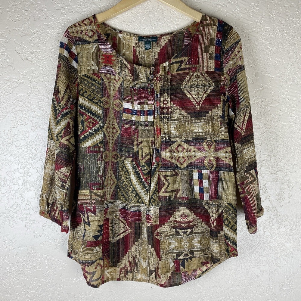 Ralph Lauren M Southwestern Print Blouse Top Pintuck Shirt Aztec 100% Cotton